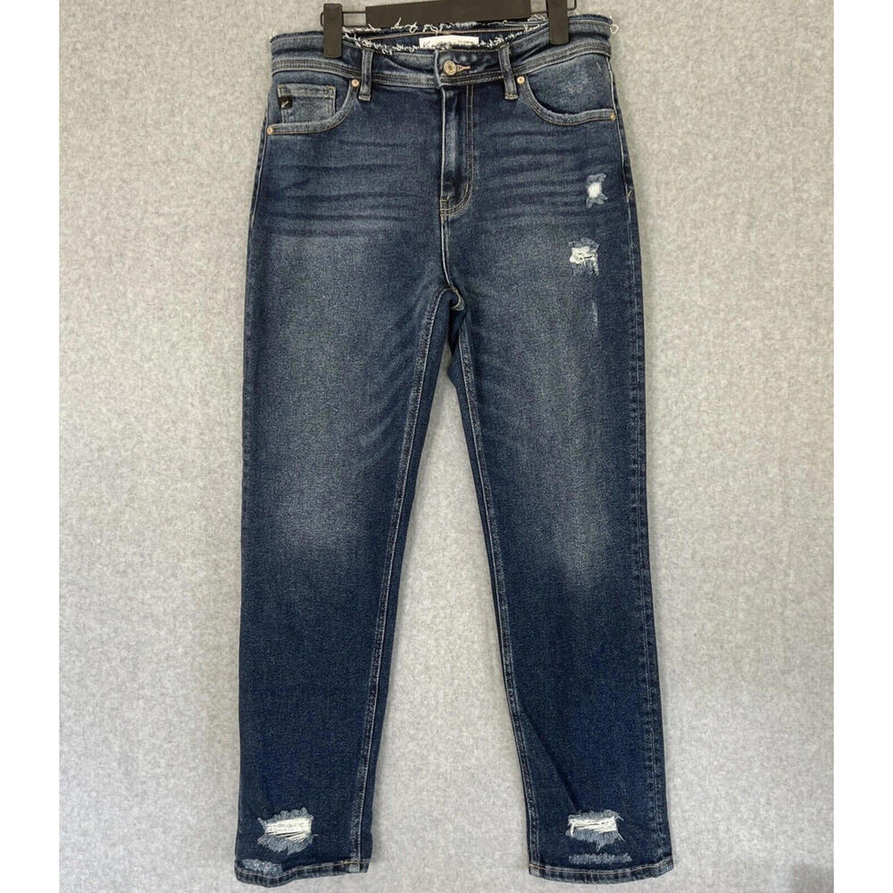 KanCan Boyfriend Jeans Size 27 Blue High Rise Rolled Hem Distressed Stretch